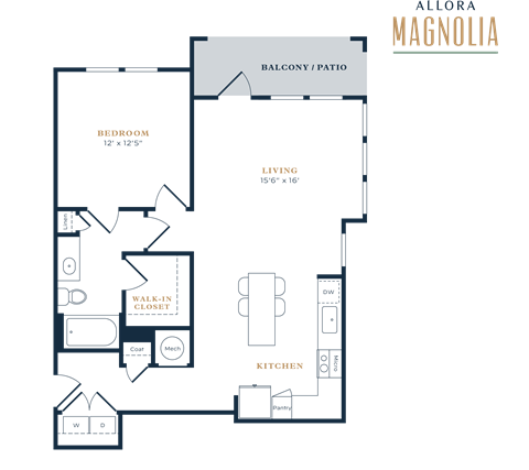 Floor plan for 1 bed, 1 bath, 860 sqft